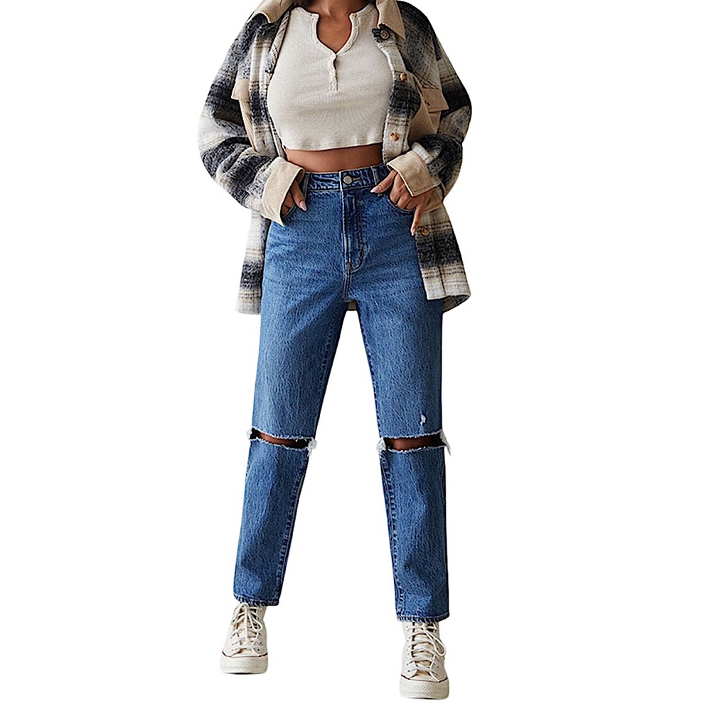 Pacsun‎ Eco Stretch Cotton Mix Blue Ripped Curve High Rise Straight Leg Jeans 28